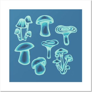 Psychedelic Teal Mushrooms Sticker Pack and All Over Print Posters and Art